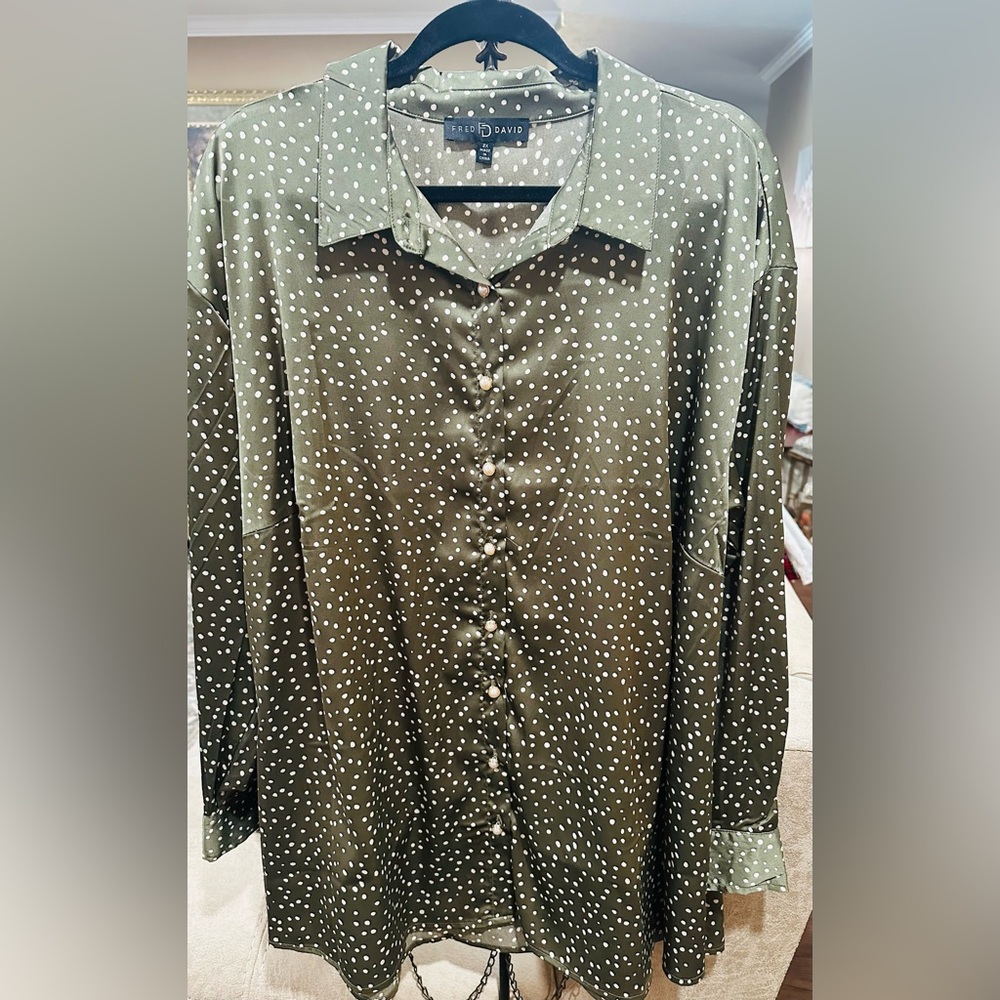 Olive Blouse with White Dots size 2x